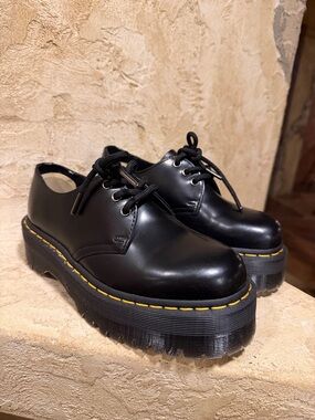 Dr. Martens Black Leather 3-Eye Shoes with Yellow Stitching